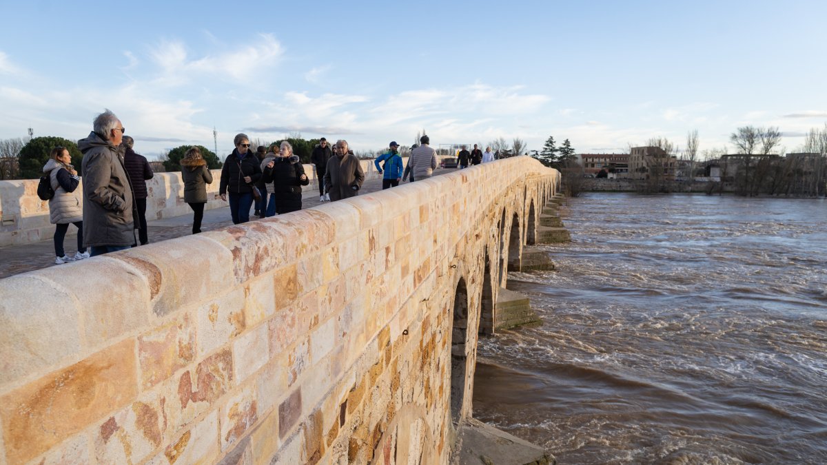 Numerosas personas se acercan a contemplar la crecida del Río Duero a su paso por Zamora