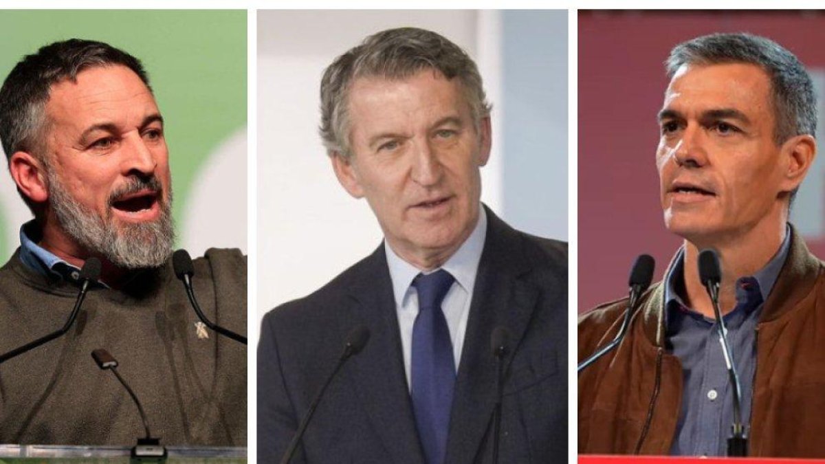 Santiago Abascal (VOX), Alberto Núñez-Feijóo (PP) y Pedro Sánchez (PSOE), en un montaje con imágenes de archivo