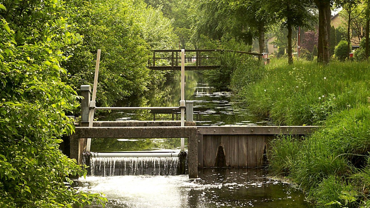 Canal de riego con tajadera para regular el acceso de agua