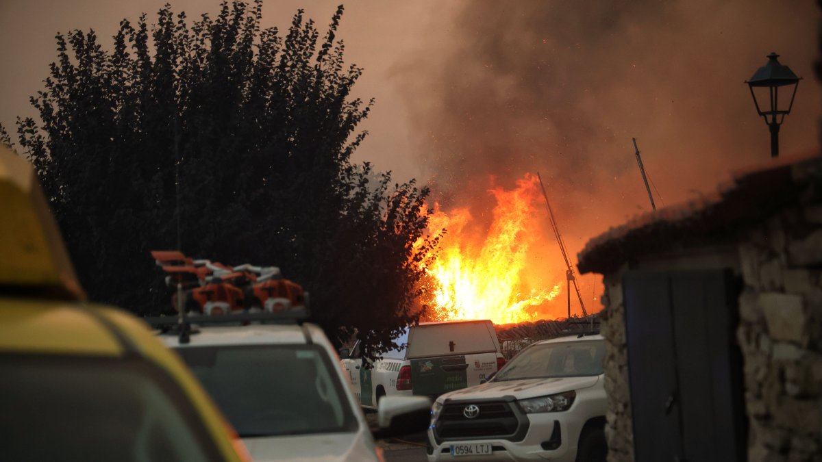 Las llamas del incendio forestal declarado en Fermoselle(Zamora ) rodean la localidad de Formariz.