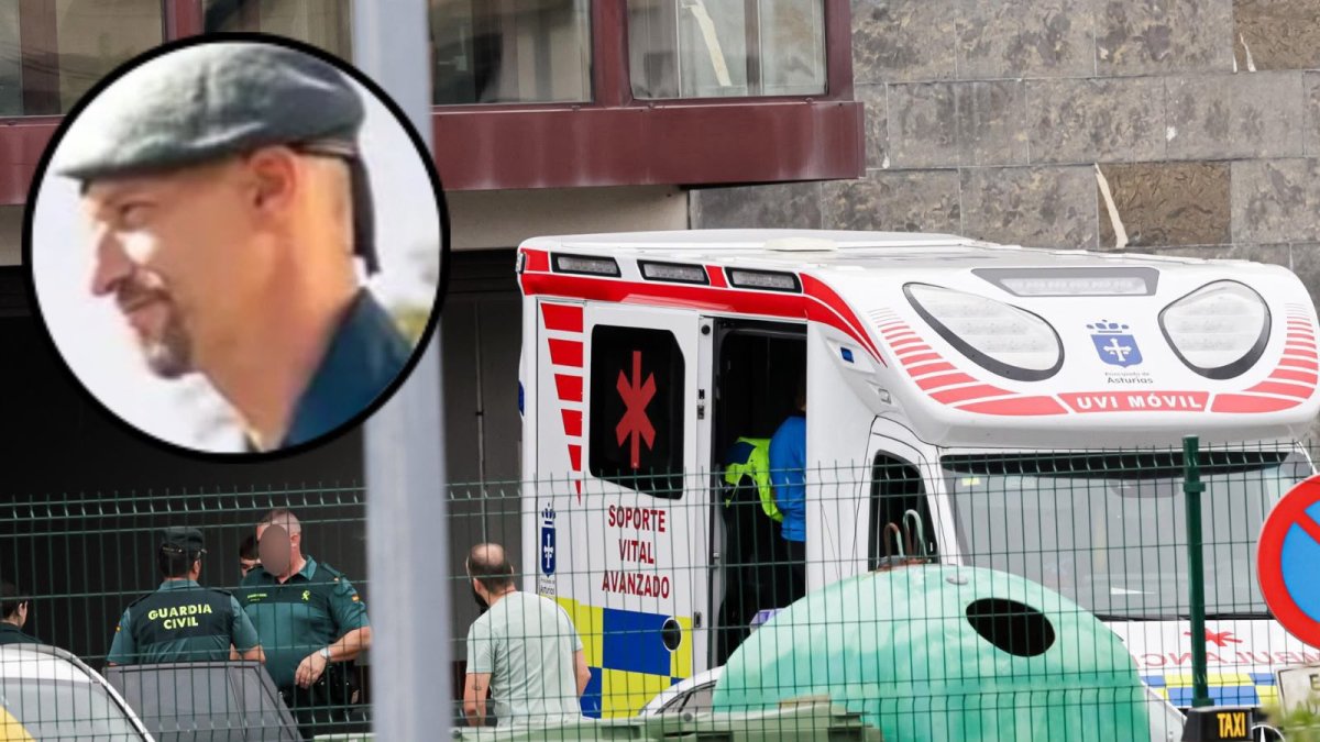 UVI móvil en la puerta de entrada del cuartel de la Guardia Civil de Llanes para atender a los heridos y Dámaso F. S.