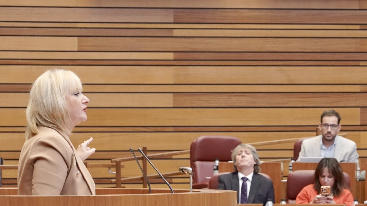 Leticia García, durante su intervención sobre la PNL de financiación autonómica, con Carlos Martínez y Patricia Gómez Urbán al fondo.