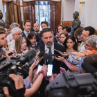 Santiago Abascal, en su comparecencia ante los medios de comunicación en el Congreso de los Diputados.