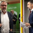 El candidato a la Presidencia de la Junta por Vox, Carlos Pollán, durante su intervención en Valladolid, y el líder nacional, Santiago Abascal, en su valoración desde Madrid.