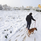 Una persona camina con su perro por las calles nevadas de Guijuelo.- ICAL