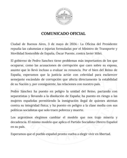 Comunicado de la Oficina de Milei.