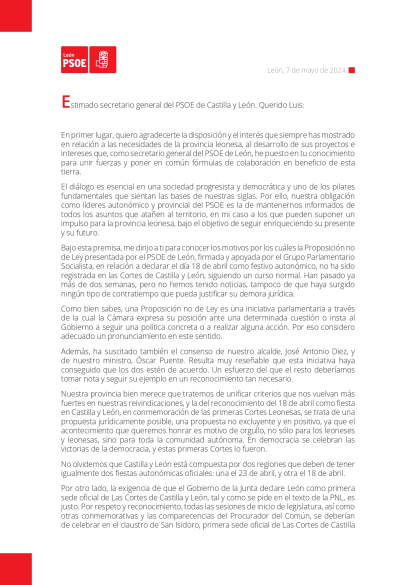 Carta de Javier Alfonso Cendón