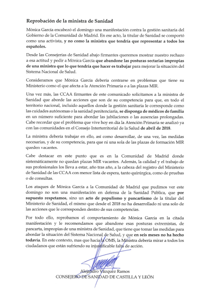 Carta de reprobación de la Ministra de Sanidad firmada por Alejandro Vázquez