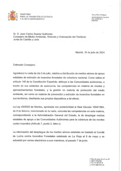 Carta de Teresa Ribera a Juan Carlos Suárez-Quiñones.