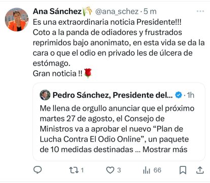 Tuit de Ana Sánchez respondiendo a la tuit fake del presidente del Gobierno, Pedro Sánchez