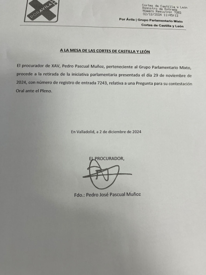 Solicitud de retirada de la pregunta, registrada el día anterior al pleno.