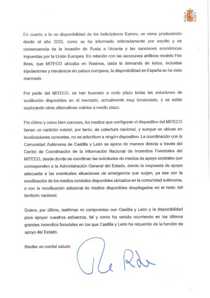 Carta de Teresa Ribera a Juan Carlos Suárez-Quiñones.