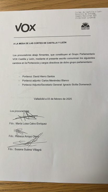Escrito de Vox con los cambios en el Grupo Parlamentario en las Cortes tras la marcha de Juan García-Gallardo