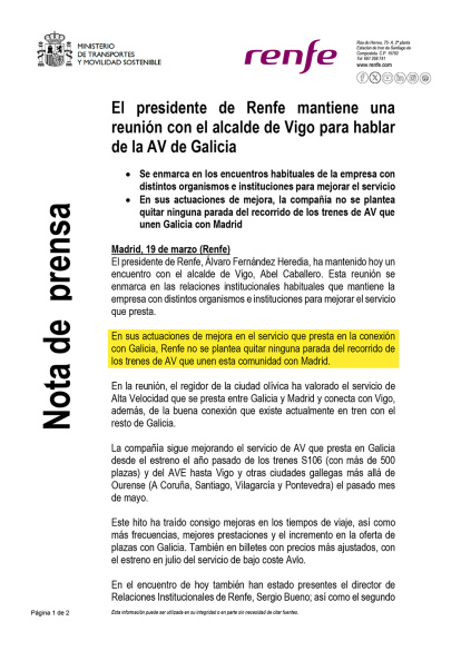 Comunicado emitido por Renfe tras la reunión con Abel Caballero.