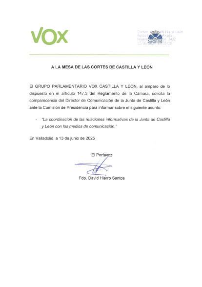 Escrito registrado por VOX en las Cortes a las 13.03 horas de este viernes