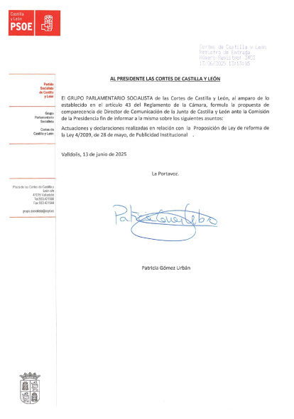 Petición del PSOE de petición de comparacencia, registrada a las 13.13 horas