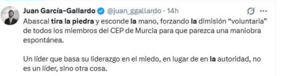 Gallardo asegura que Abascal «tira la piedra y esconde la mano»