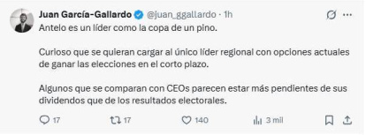 «Antelo es un líder como la copa de un pino», asegura Gallardo en su perfil de X.