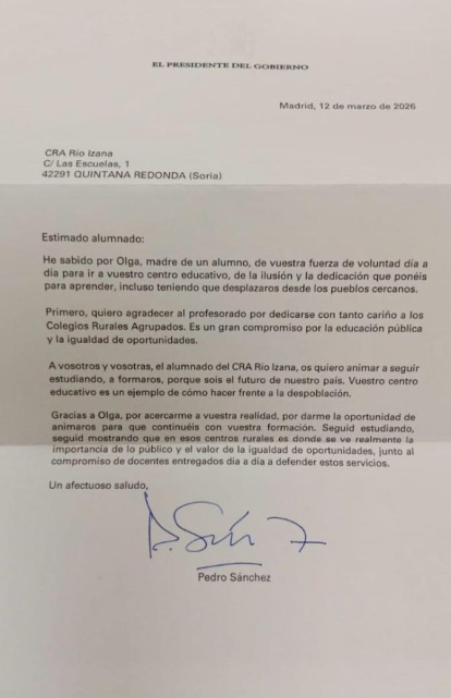 Carta del presidente del Gobierno al CRA Río Izana