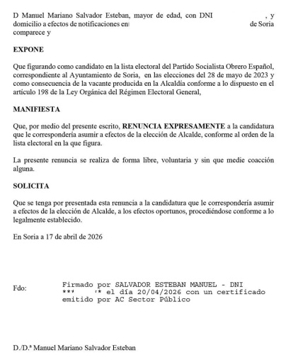 Renuncia de Manuel Salvador.