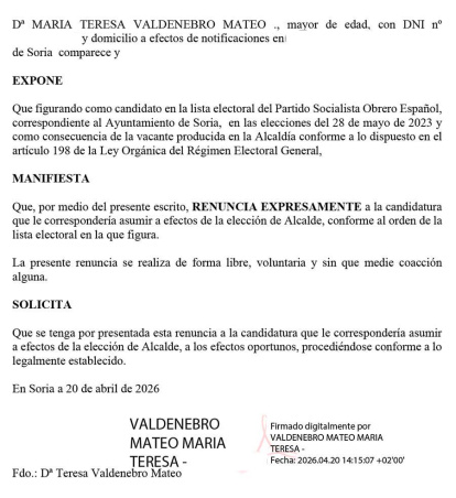 Renuncia de Teresa Valdenebro.