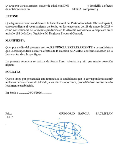 Renuncia de Gregorio García.