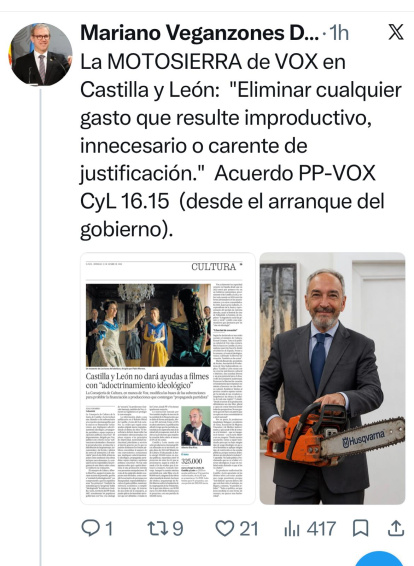 Tuit de Veganzones antes de borrar la imagen de la motosierra.